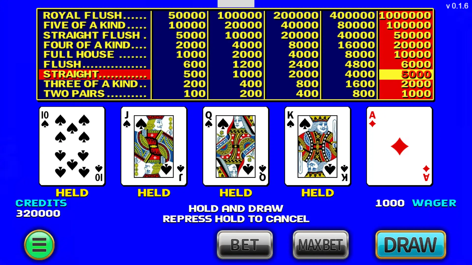 皇冠 5PK 保留畫面:前四張牌下方有 HELD,第五張沒有
