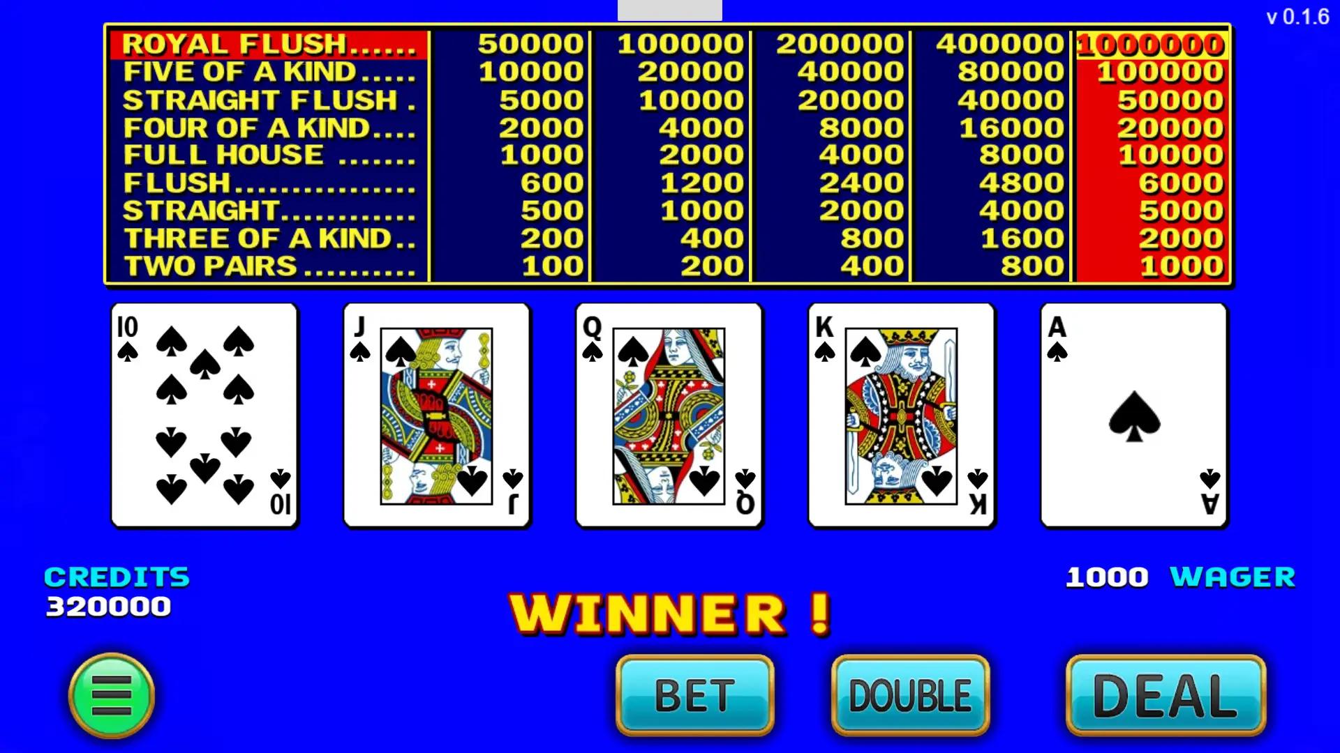 皇冠 5PK 得分畫面:ROYAL FLUSH 列亮起,DRAW 換成下一階段按鈕