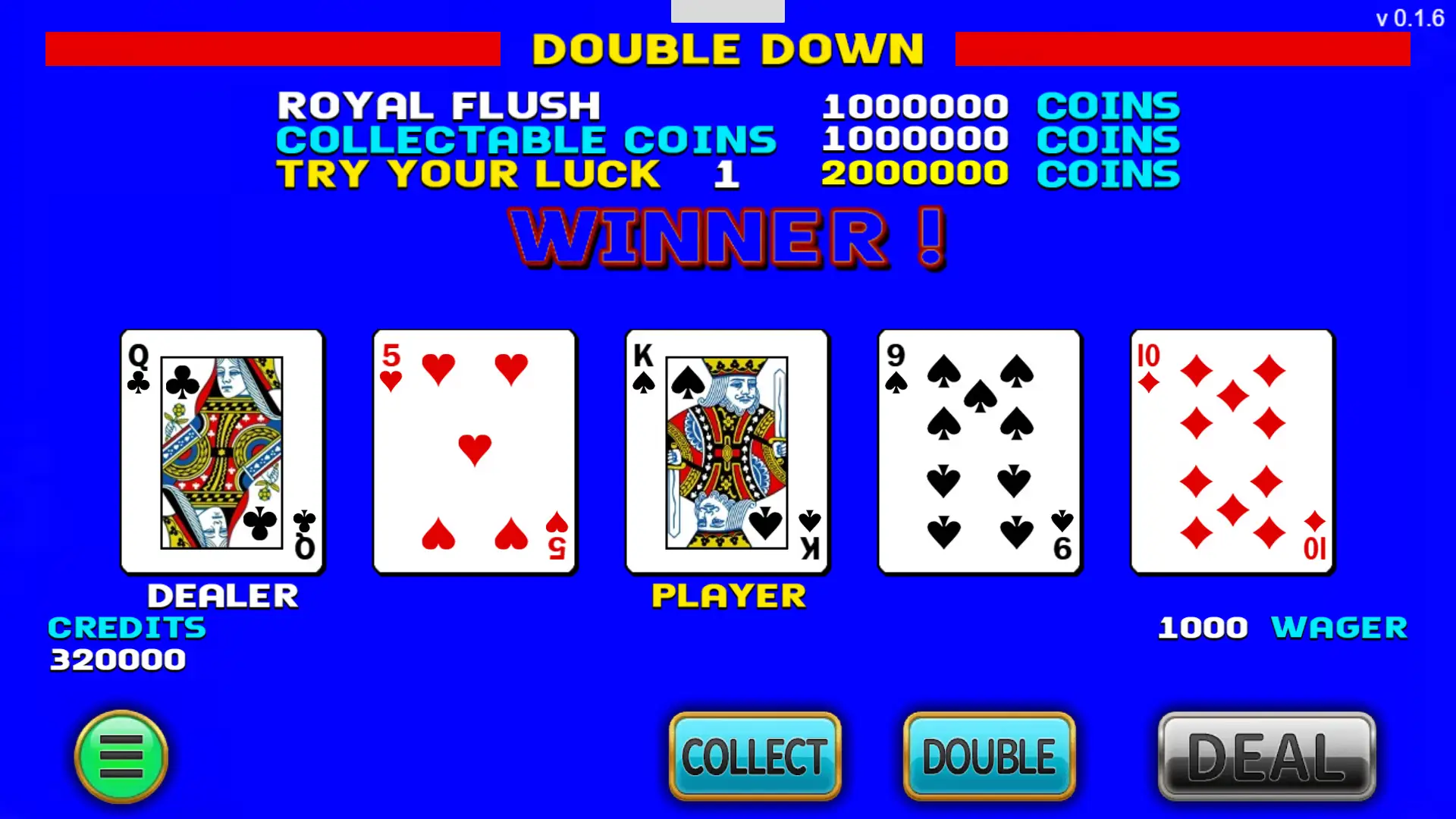 皇冠 5PK 比倍結果展示:PLAYER 標在 K 下方,COLLECT 與 DOUBLE 亮起