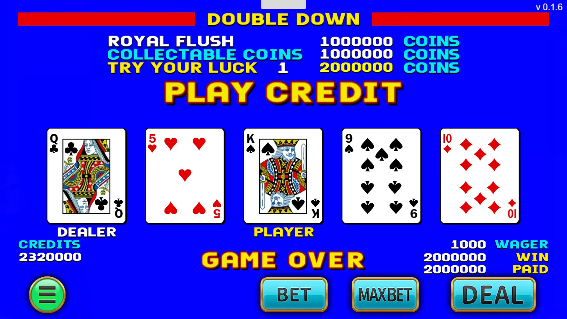 皇冠 5PK 收分後展示:WIN 與 PAID 同為 2000000,CREDITS 為 2320000